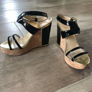 Patent leather and cork platform wedges